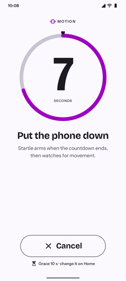 Startle arming countdown at 7 seconds with a Cancel button, light