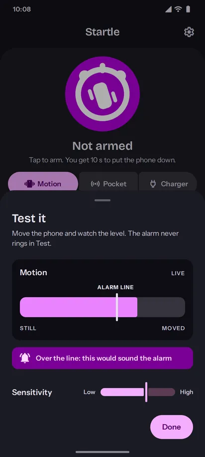 Startle Test it sheet with a live motion level over the alarm line, dark