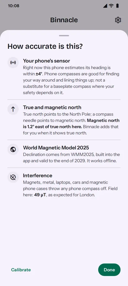 Binnacle accuracy sheet with magnetic north 1.2° east of true north, light