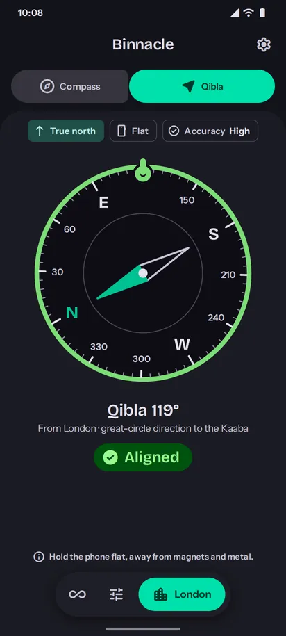 Binnacle Qibla tool aligned at 119° from London, dark