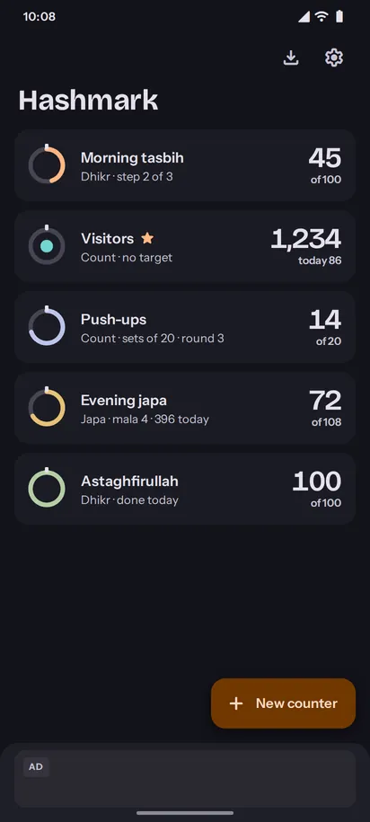 Hashmark counter list in dark theme