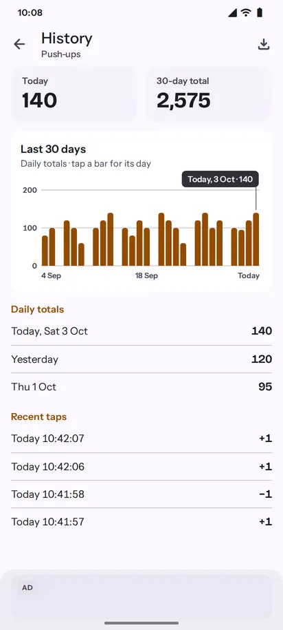 Hashmark history with a 30-day bar chart and the recent tap log, light