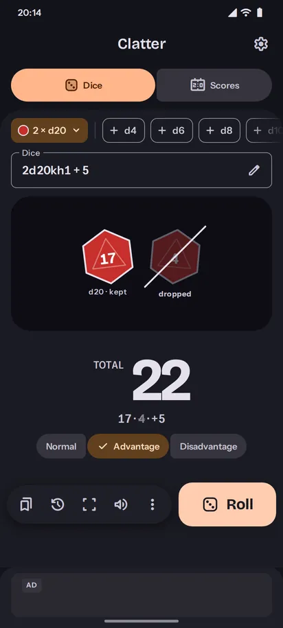 Clatter rolling 2d20kh1 + 5 with advantage, the dropped d20 struck through, dark