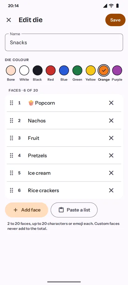 Clatter custom die editor with six labelled snack faces, light