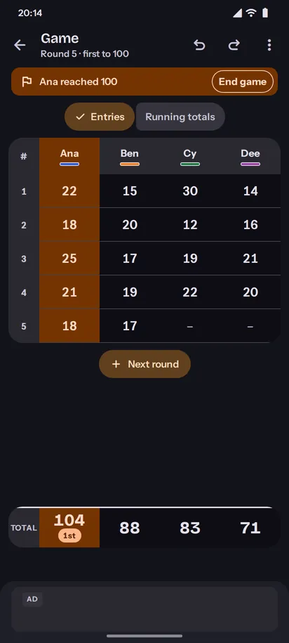 Clatter score sheet for four players in round 5, first to 100, dark