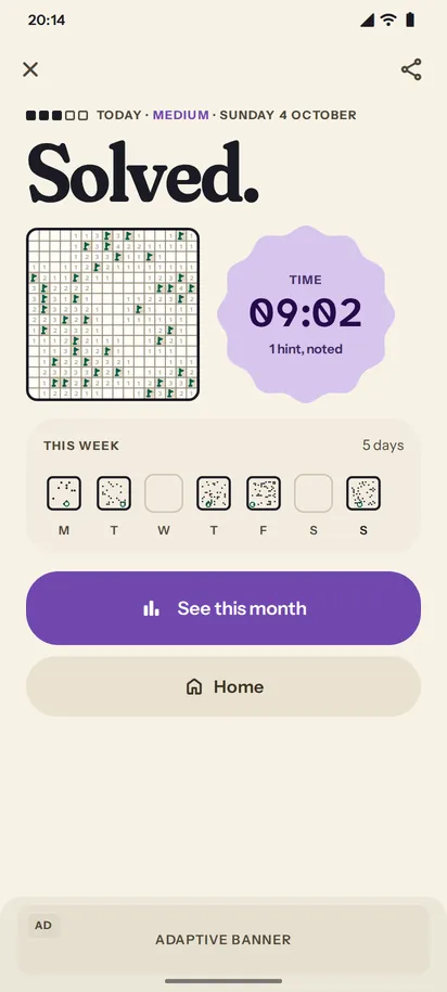 Dowse showing the daily puzzle solved, Paper theme