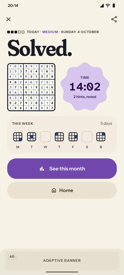 Ennead showing the daily puzzle solved, Paper theme