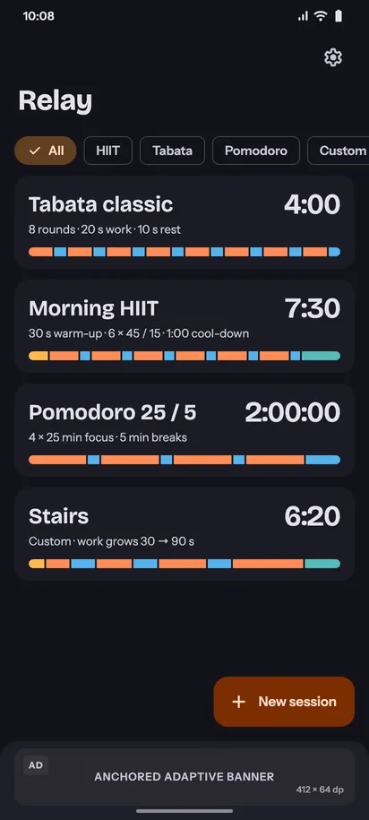 Relay sessions list screen, dark theme