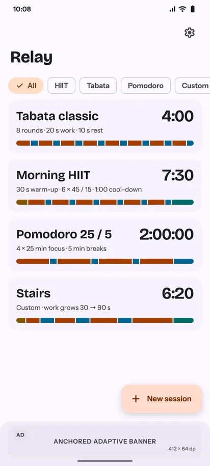 Relay sessions list screen, light theme