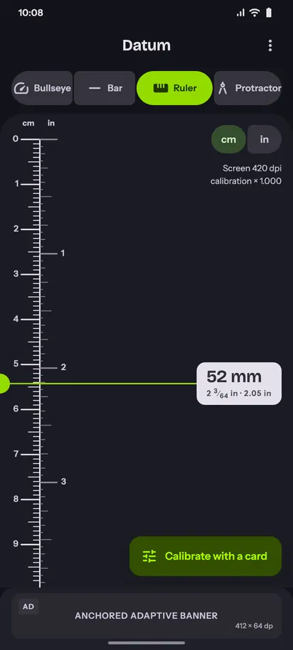 Datum ruler screen, dark theme