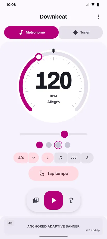 Downbeat metronome screen, light theme