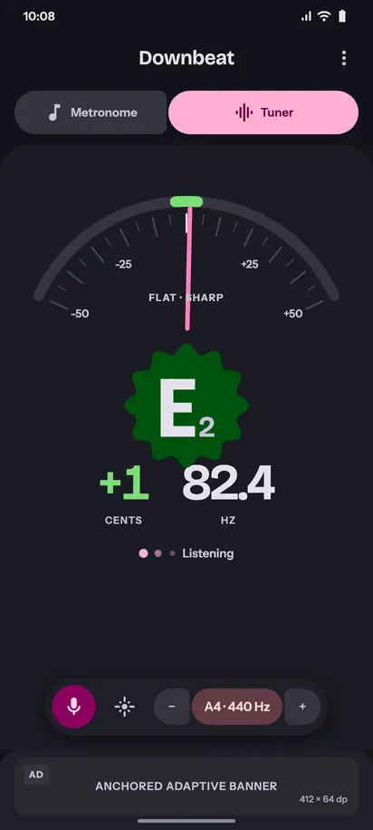 Downbeat tuner screen, dark theme