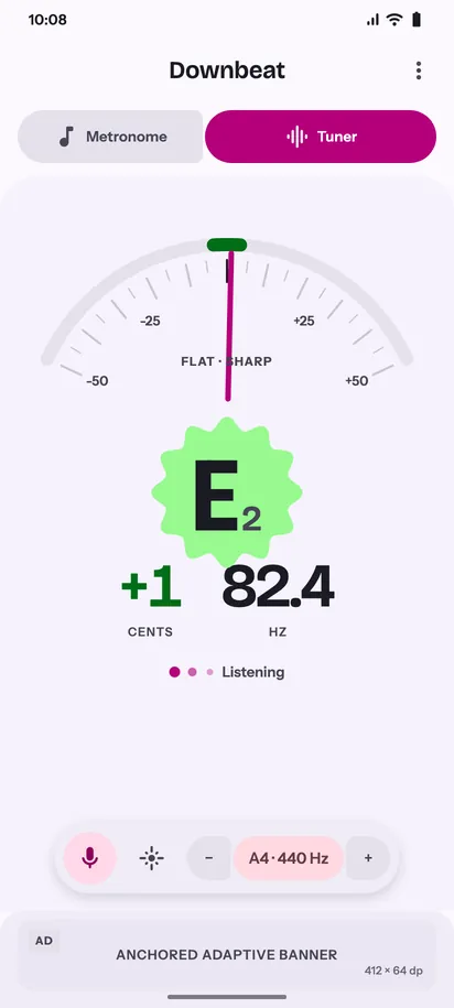 Downbeat tuner screen, light theme