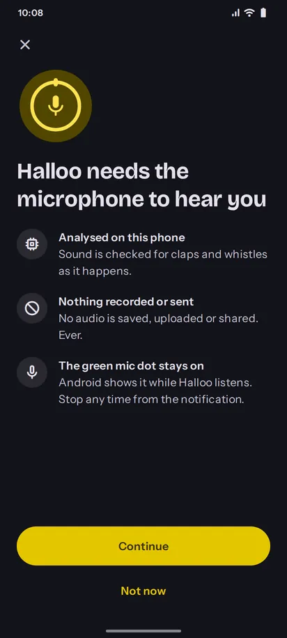 Halloo microphone permission screen, dark