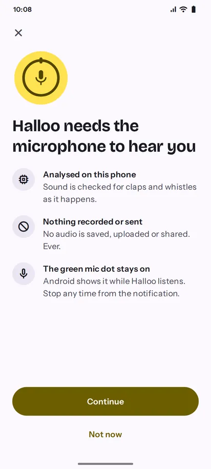 Halloo microphone permission screen, light