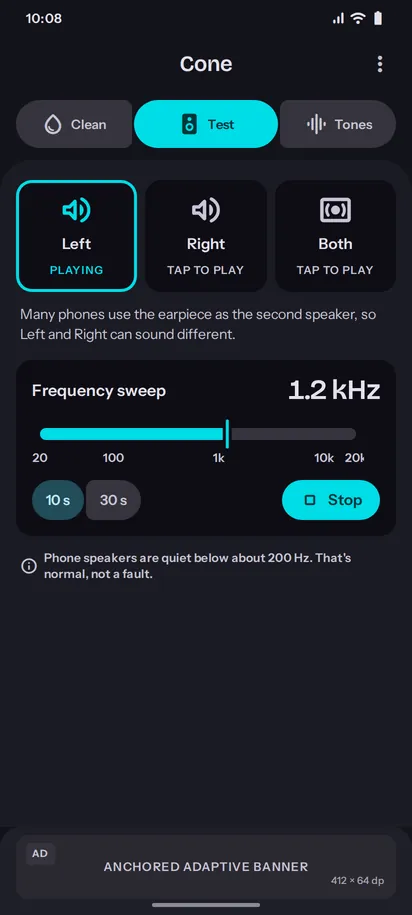 Cone speaker test screen, dark