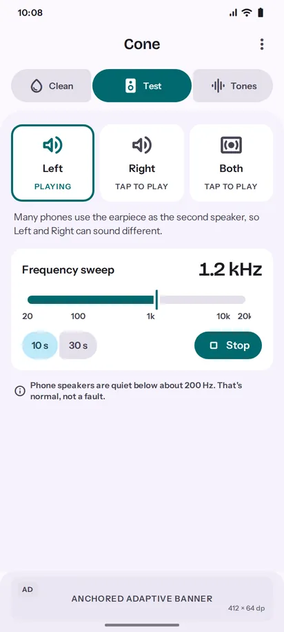Cone speaker test screen, light