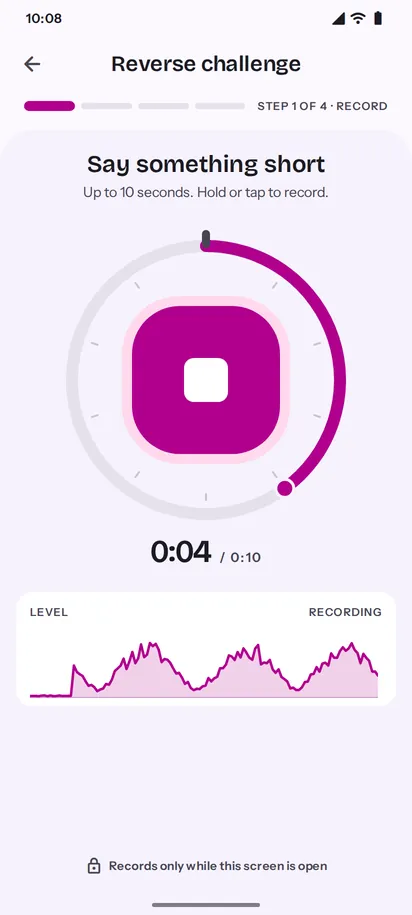 Palindrome challenge step 1 recording in a 10-second ring, light