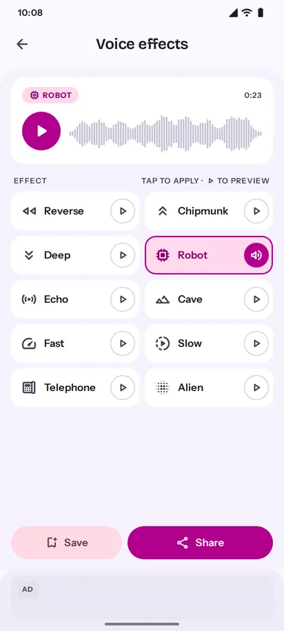 Palindrome voice effects with ten effect tiles, Robot selected, light