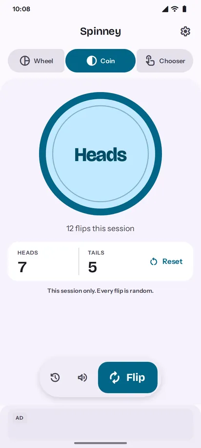 Spinney coin flip showing Heads with a session tally, light
